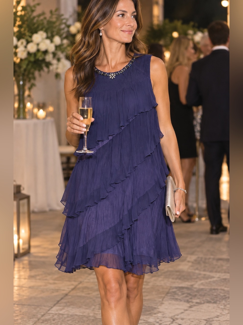 Komarov Purple Blue Pleated Chiffon Tiered Ruffle Jeweled Cocktail Dress XL
